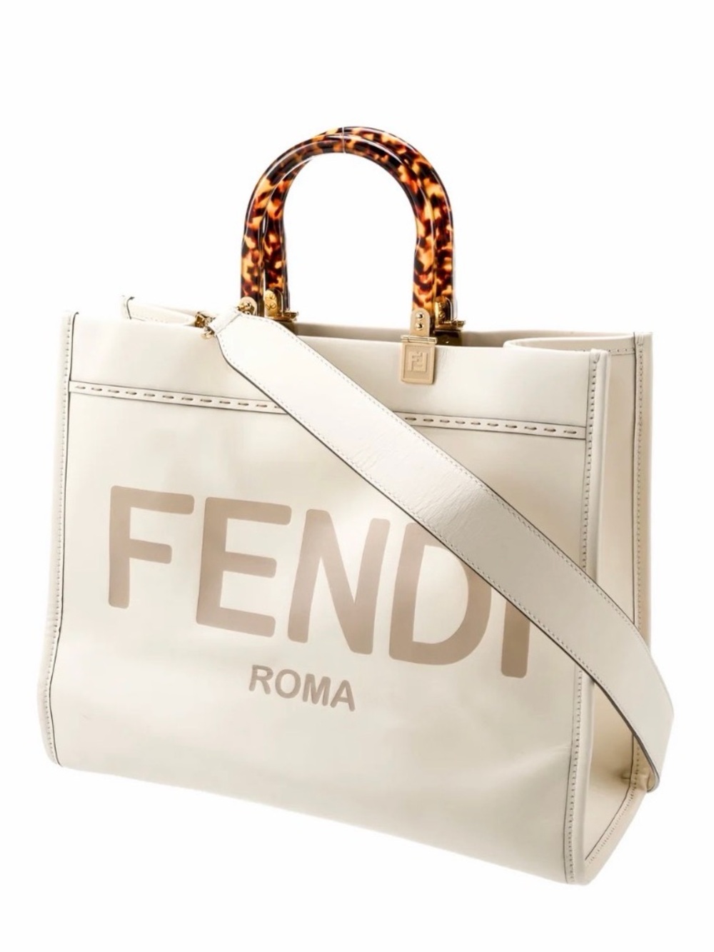 Fendi Cream Leather Tote with Tortoiseshell Top Handles